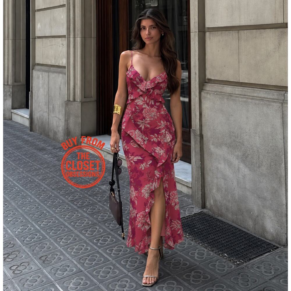 Zara NWT Pink Floral Strappy V Neck Side Slit Midi Slip Dress L XL - Picture 8 of 16